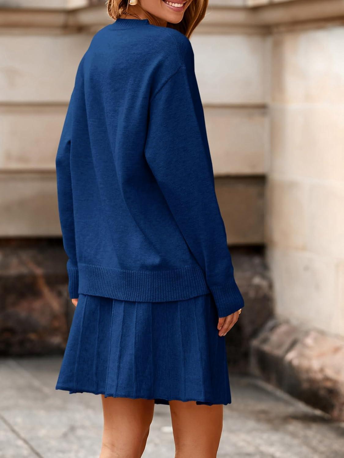 imageTankaneo Womens Skirt 2 Piece Sweater Set Long Sleeve Crewneck Sweaters Pleated Mini Skirt Knit Lounge SetsBlue