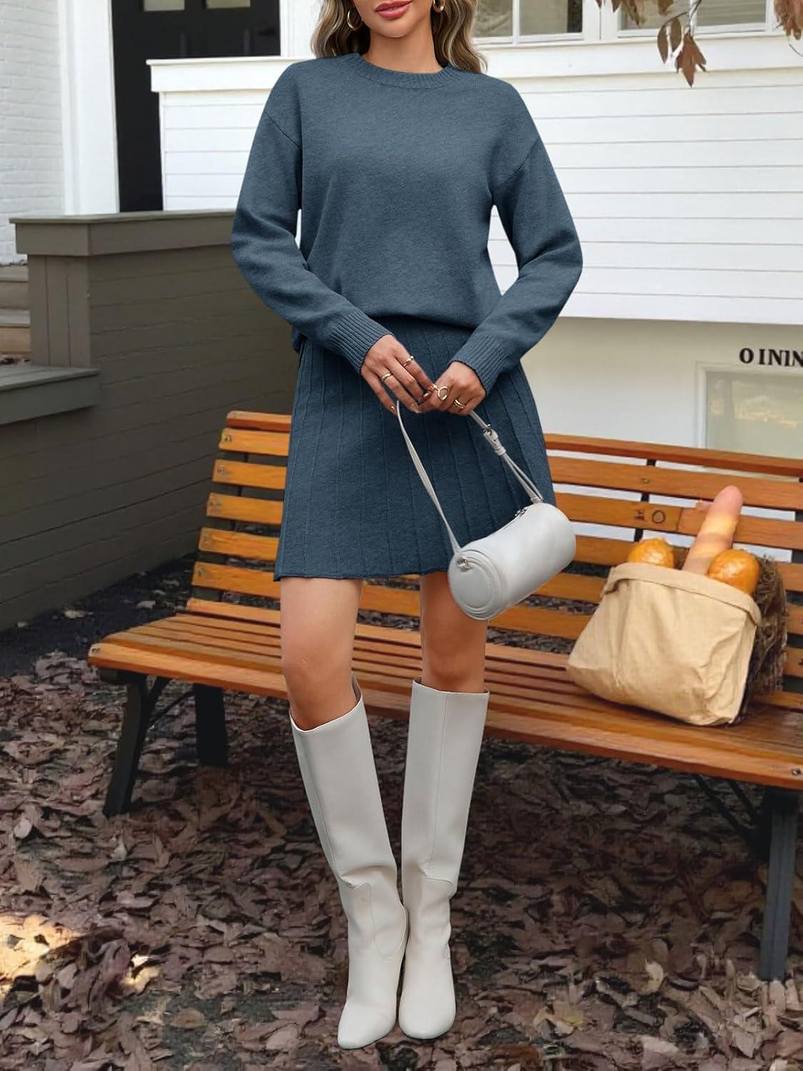 imageTankaneo Womens Skirt 2 Piece Sweater Set Long Sleeve Crewneck Sweaters Pleated Mini Skirt Knit Lounge SetsBluish Gray