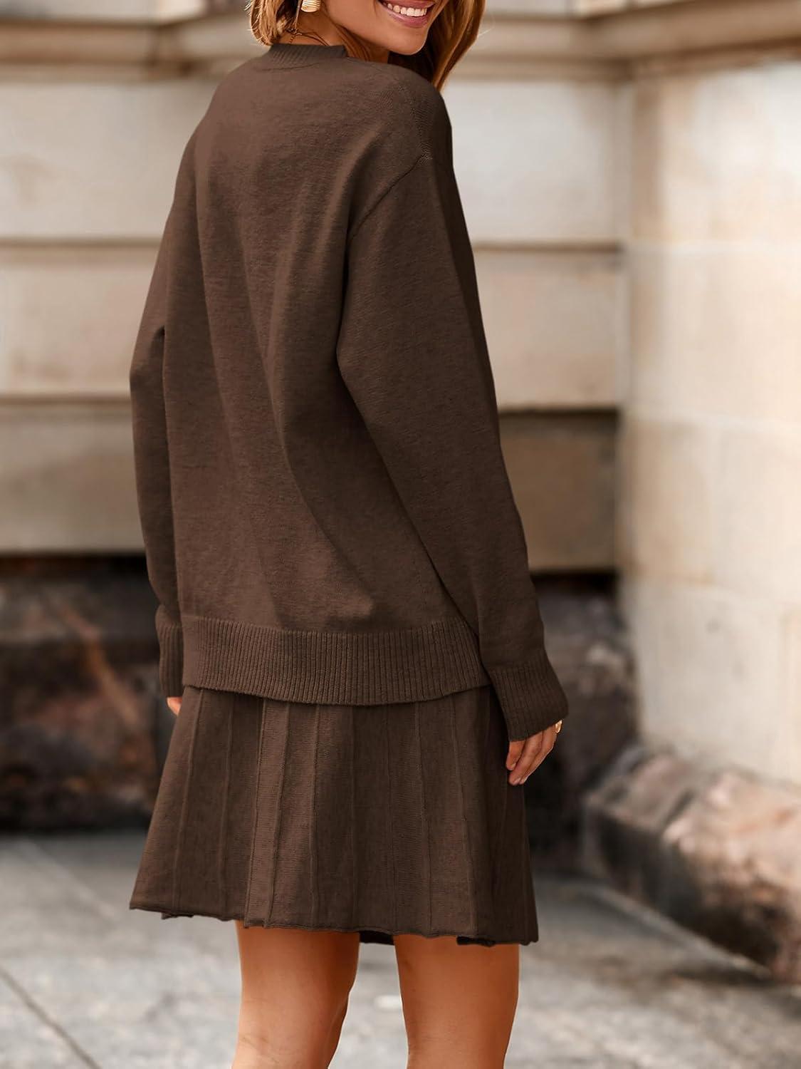 imageTankaneo Womens Skirt 2 Piece Sweater Set Long Sleeve Crewneck Sweaters Pleated Mini Skirt Knit Lounge SetsCoffee