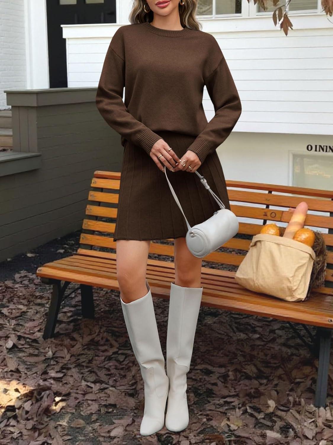 imageTankaneo Womens Skirt 2 Piece Sweater Set Long Sleeve Crewneck Sweaters Pleated Mini Skirt Knit Lounge SetsCoffee