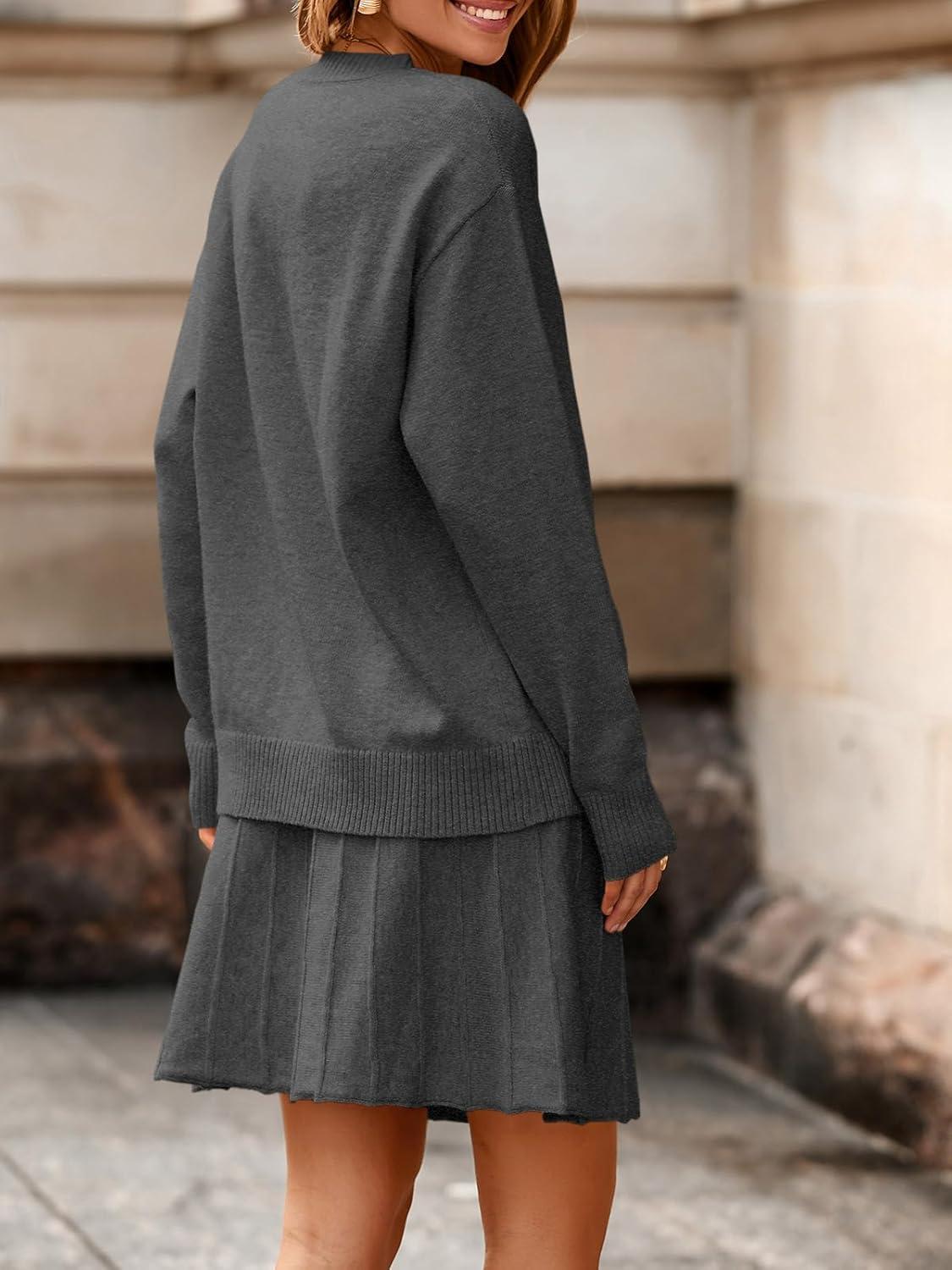 imageTankaneo Womens Skirt 2 Piece Sweater Set Long Sleeve Crewneck Sweaters Pleated Mini Skirt Knit Lounge SetsDark Grey
