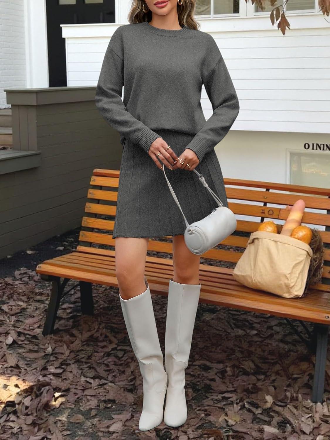 imageTankaneo Womens Skirt 2 Piece Sweater Set Long Sleeve Crewneck Sweaters Pleated Mini Skirt Knit Lounge SetsDark Grey