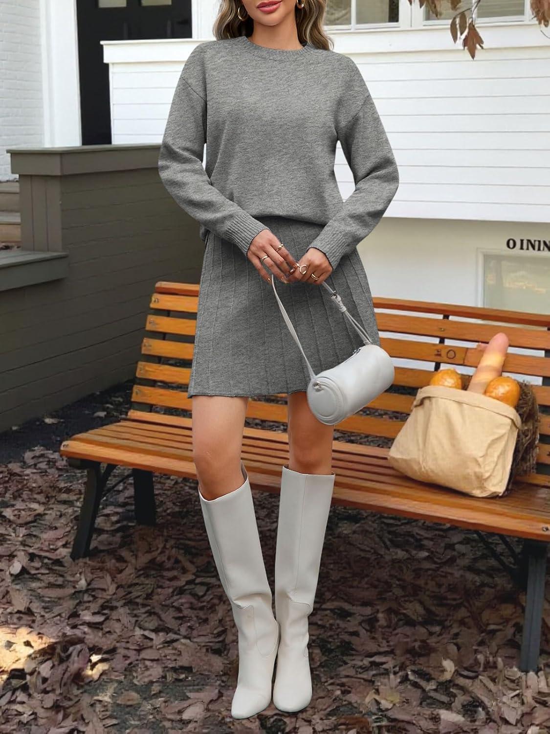 imageTankaneo Womens Skirt 2 Piece Sweater Set Long Sleeve Crewneck Sweaters Pleated Mini Skirt Knit Lounge SetsGrey