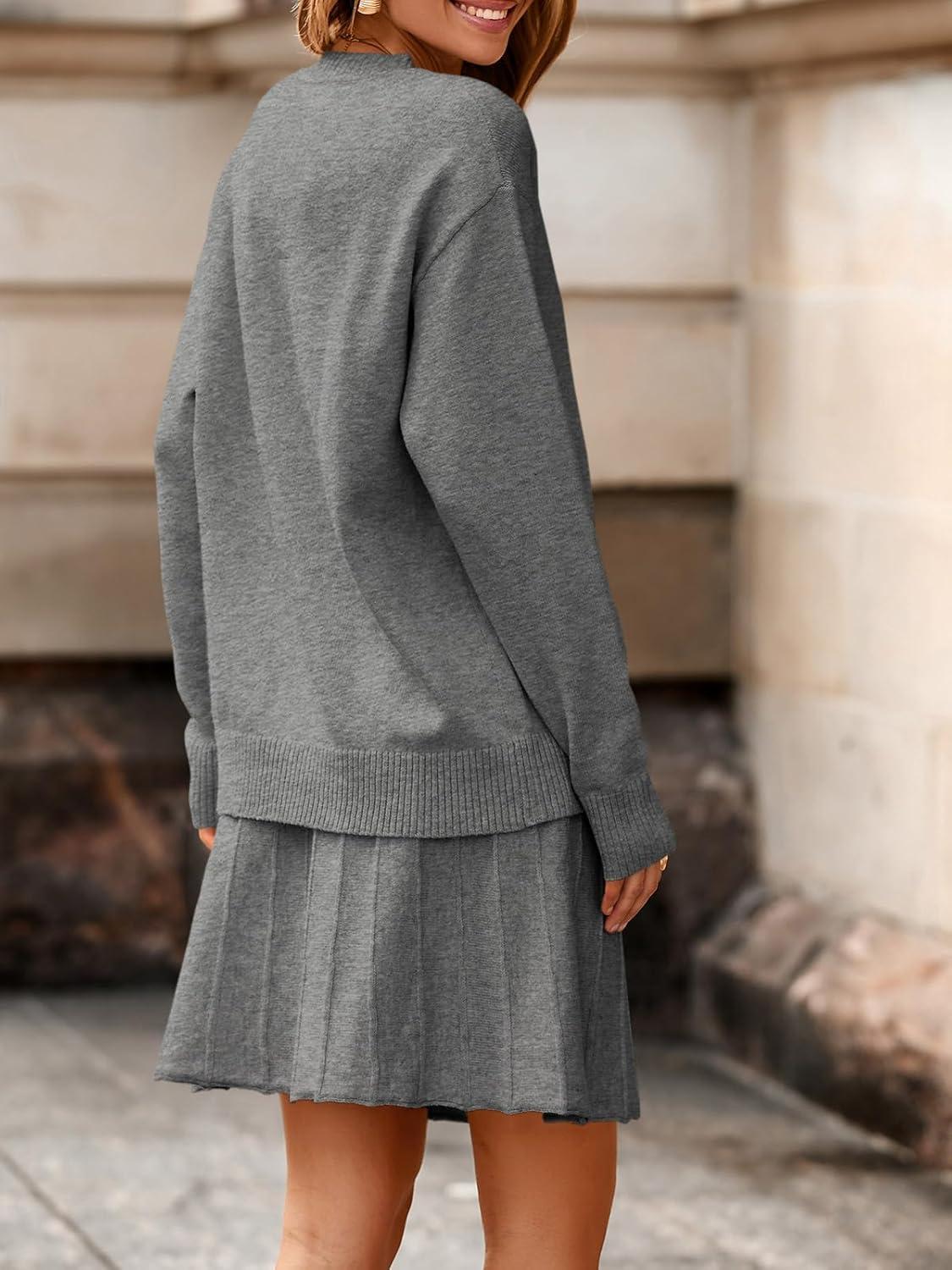 imageTankaneo Womens Skirt 2 Piece Sweater Set Long Sleeve Crewneck Sweaters Pleated Mini Skirt Knit Lounge SetsGrey