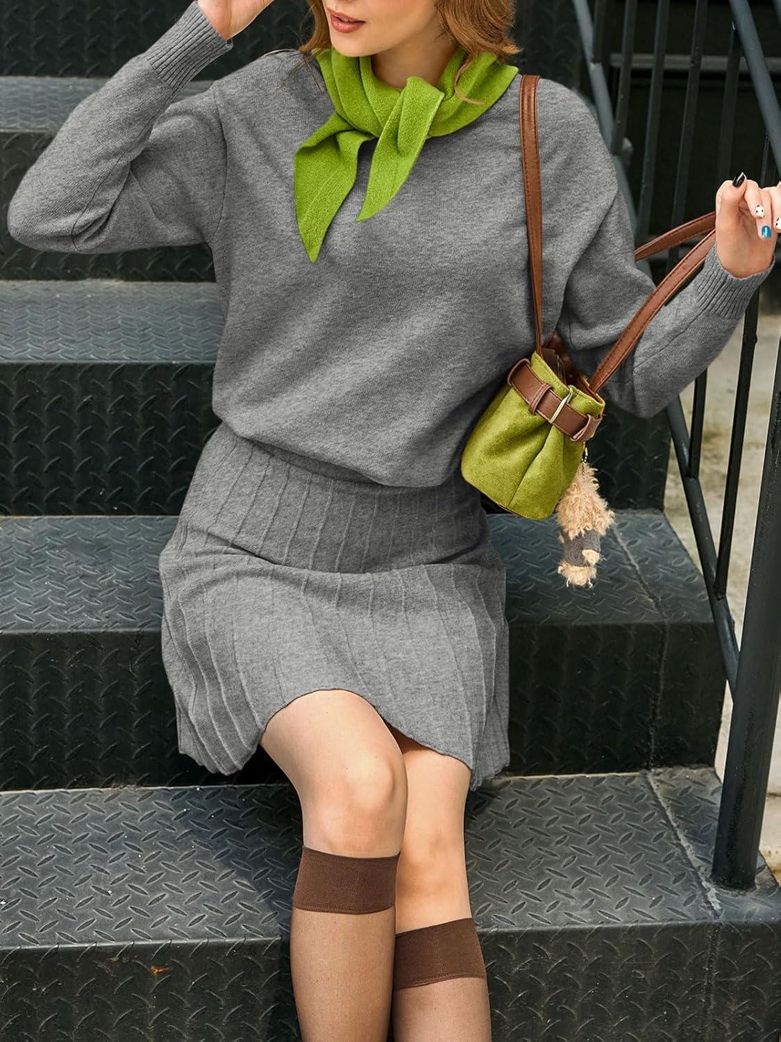 imageTankaneo Womens Skirt 2 Piece Sweater Set Long Sleeve Crewneck Sweaters Pleated Mini Skirt Knit Lounge SetsGrey