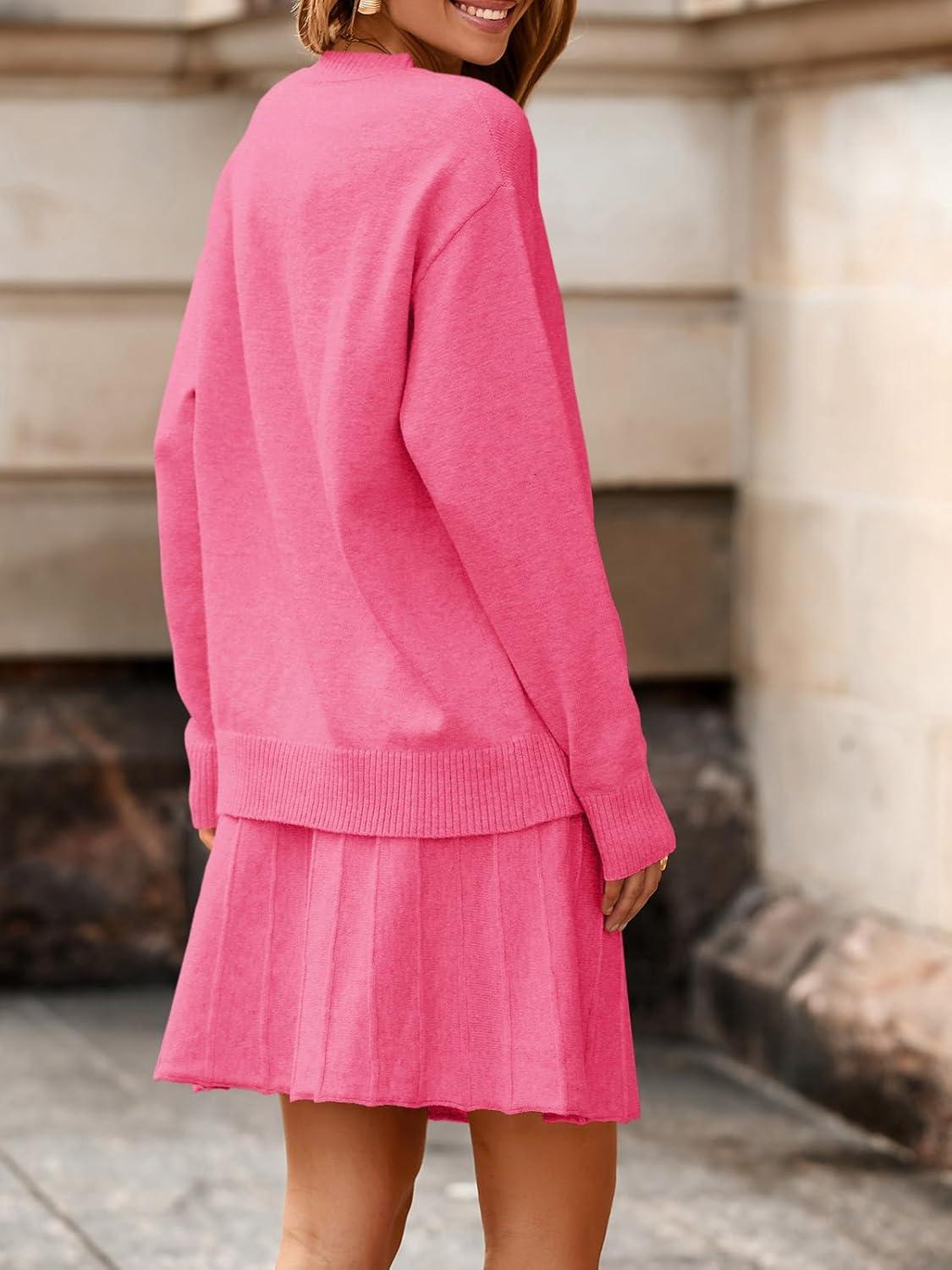 imageTankaneo Womens Skirt 2 Piece Sweater Set Long Sleeve Crewneck Sweaters Pleated Mini Skirt Knit Lounge SetsRose Red