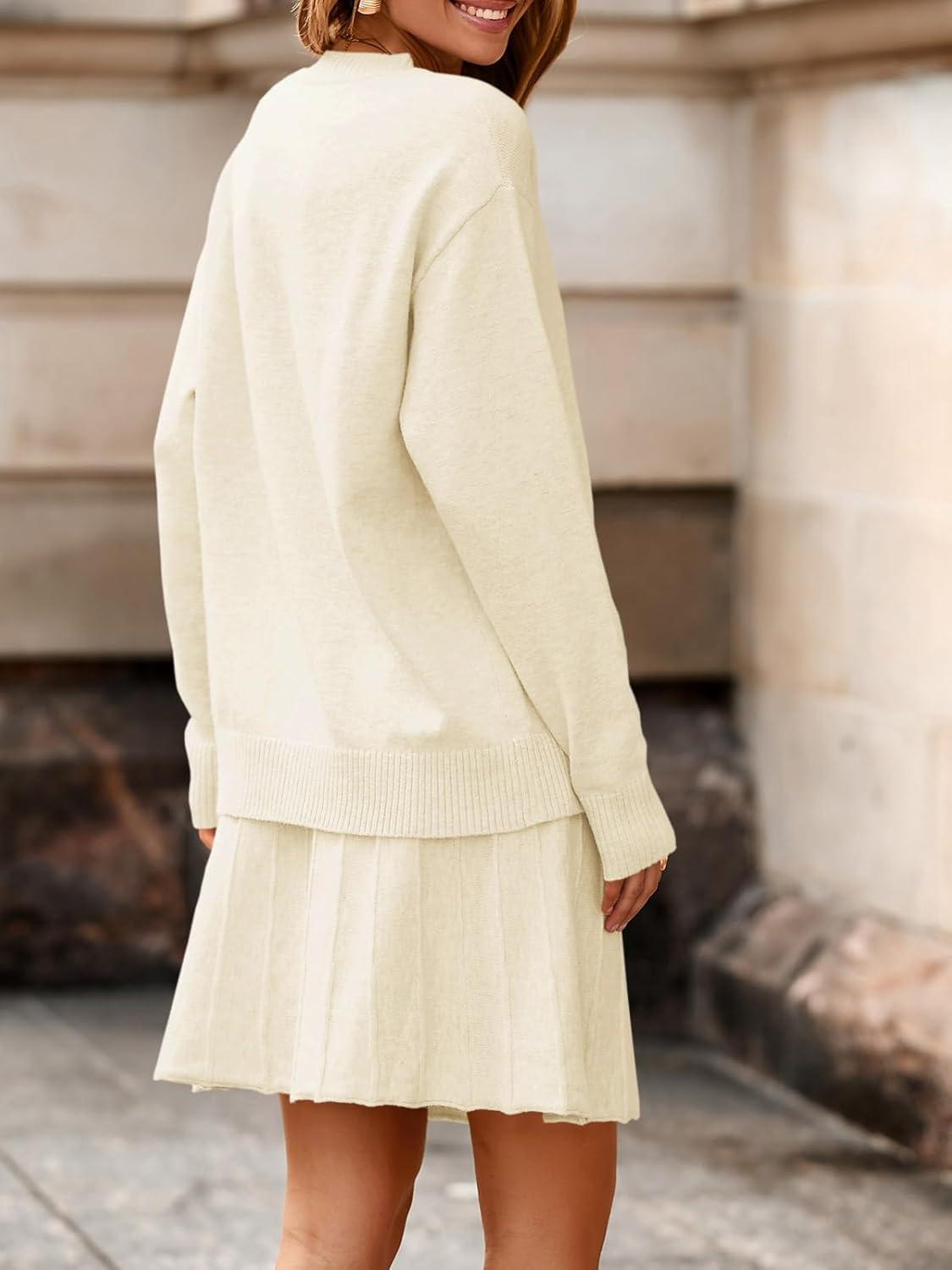 imageTankaneo Womens Skirt 2 Piece Sweater Set Long Sleeve Crewneck Sweaters Pleated Mini Skirt Knit Lounge SetsWhite