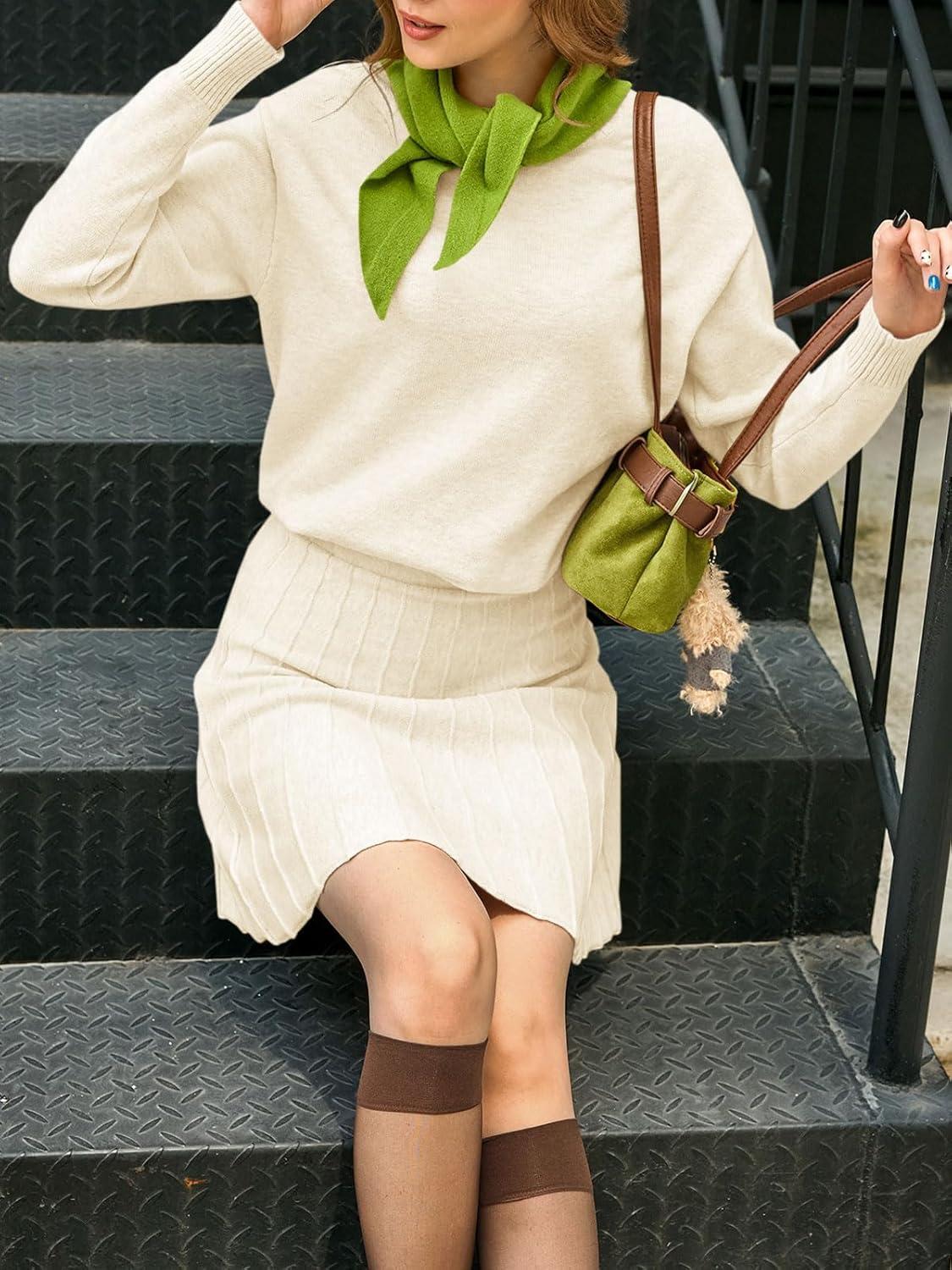 imageTankaneo Womens Skirt 2 Piece Sweater Set Long Sleeve Crewneck Sweaters Pleated Mini Skirt Knit Lounge SetsWhite