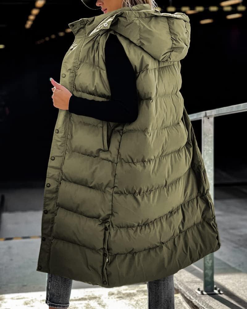 imageTankaneo Womens Sleeveless Long Quilted Vest Hooded Button Down Puff Vest Cotton Padded Jacket Winter OuterwearArmy Green
