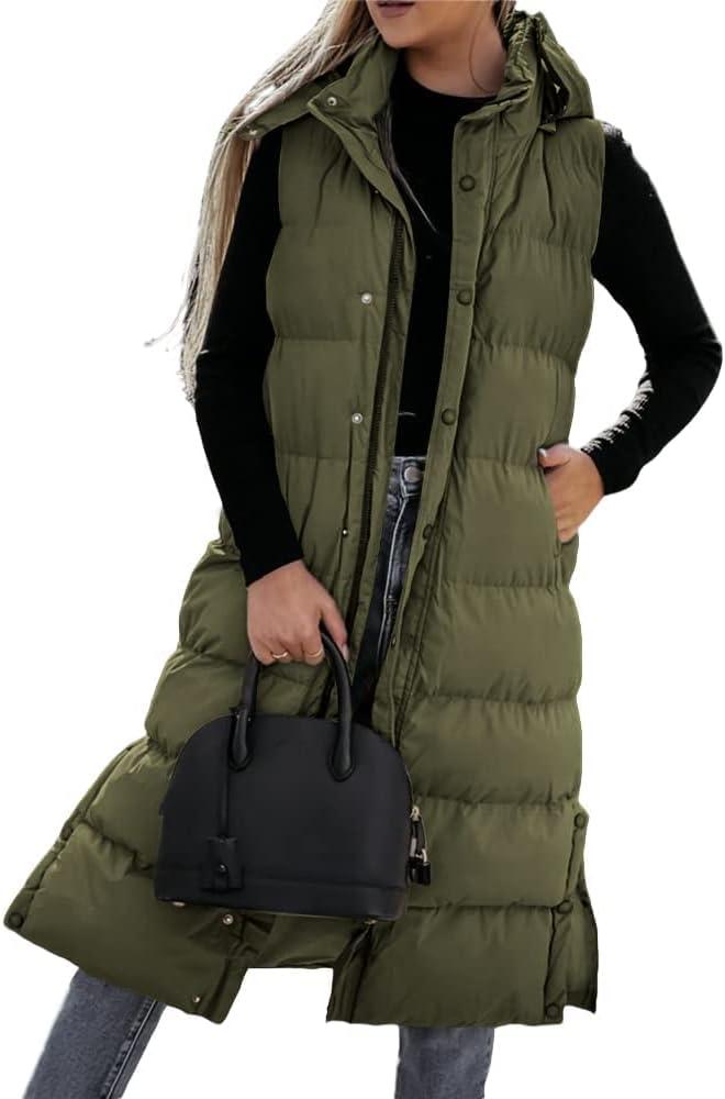 imageTankaneo Womens Sleeveless Long Quilted Vest Hooded Button Down Puff Vest Cotton Padded Jacket Winter OuterwearArmy Green