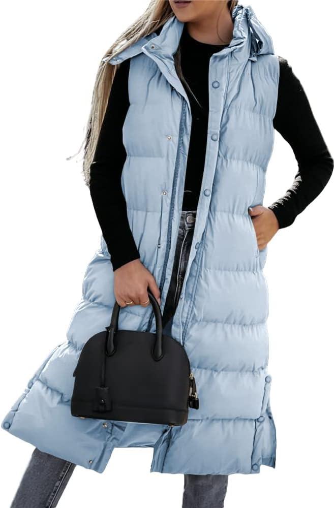 imageTankaneo Womens Sleeveless Long Quilted Vest Hooded Button Down Puff Vest Cotton Padded Jacket Winter OuterwearBlue