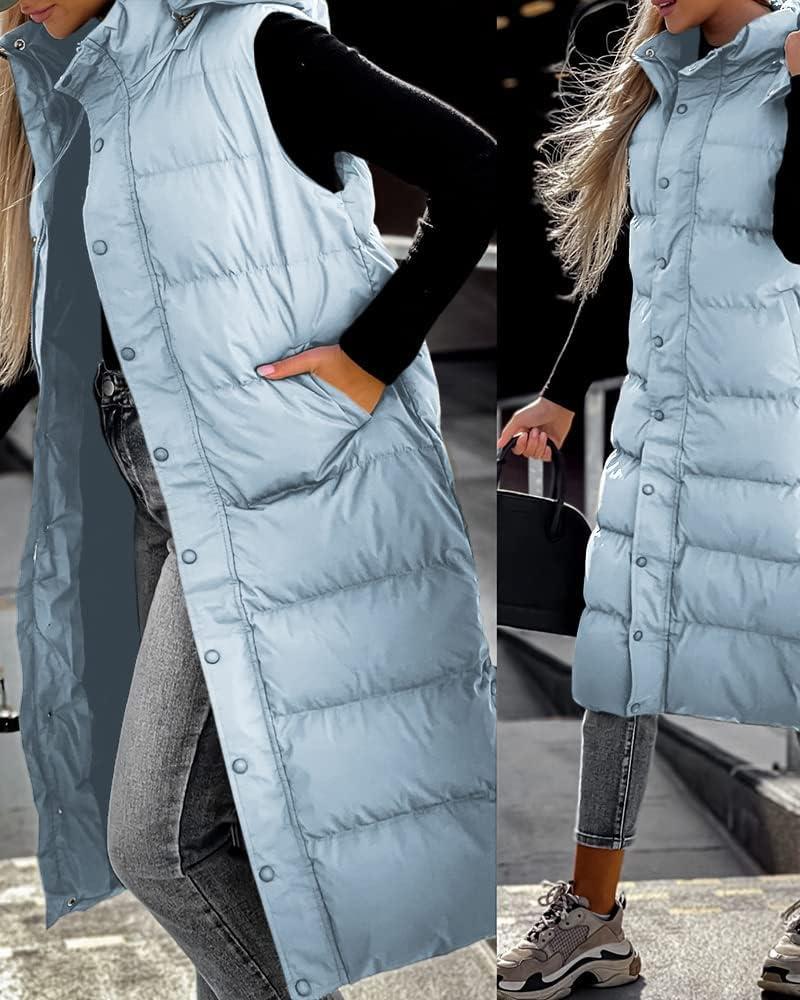 imageTankaneo Womens Sleeveless Long Quilted Vest Hooded Button Down Puff Vest Cotton Padded Jacket Winter OuterwearBlue