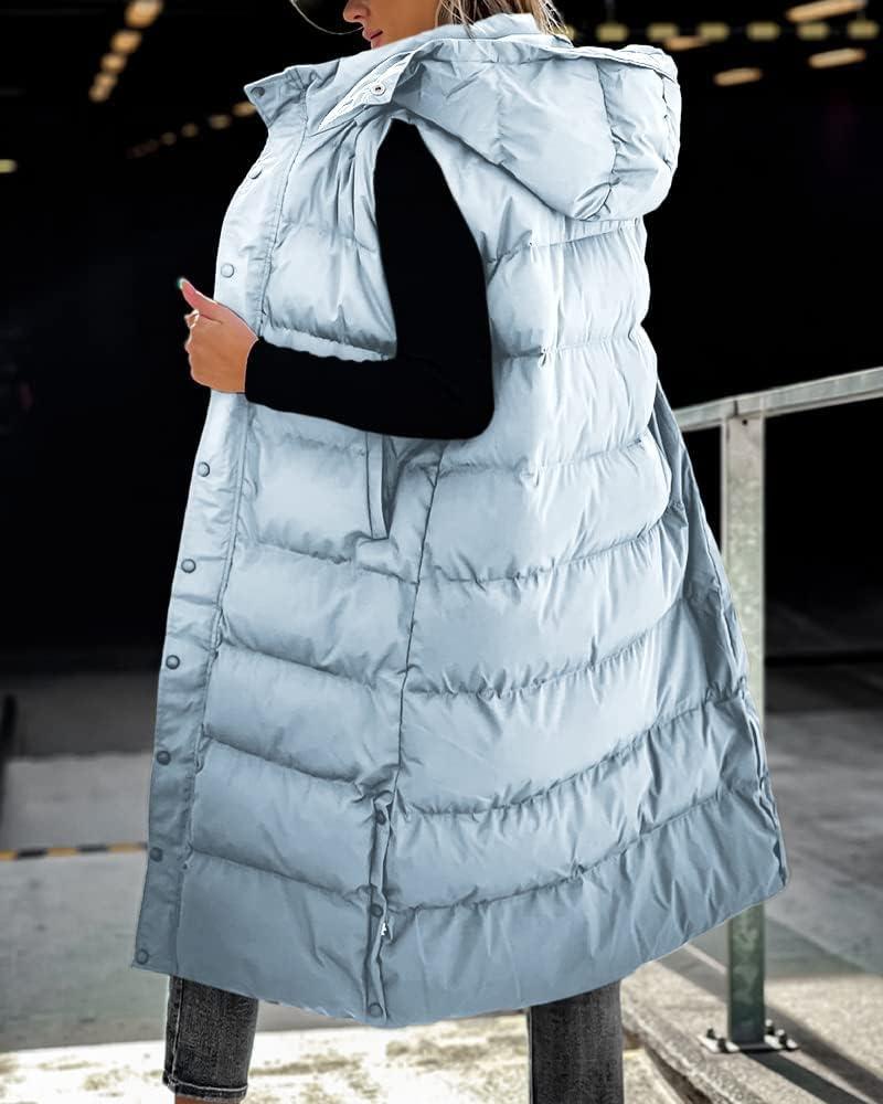 imageTankaneo Womens Sleeveless Long Quilted Vest Hooded Button Down Puff Vest Cotton Padded Jacket Winter OuterwearBlue