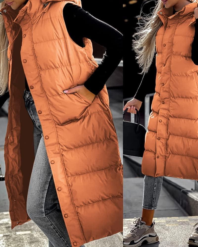 imageTankaneo Womens Sleeveless Long Quilted Vest Hooded Button Down Puff Vest Cotton Padded Jacket Winter OuterwearOrange