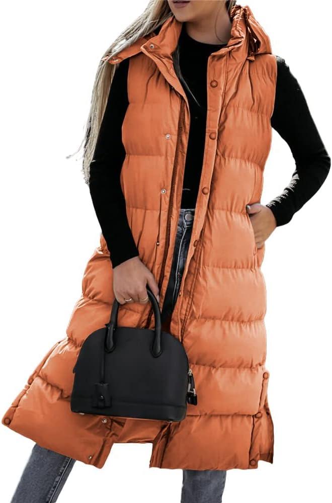 imageTankaneo Womens Sleeveless Long Quilted Vest Hooded Button Down Puff Vest Cotton Padded Jacket Winter OuterwearOrange