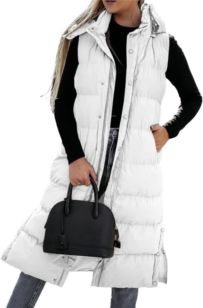 imageTankaneo Womens Sleeveless Long Quilted Vest Hooded Button Down Puff Vest Cotton Padded Jacket Winter OuterwearWhite