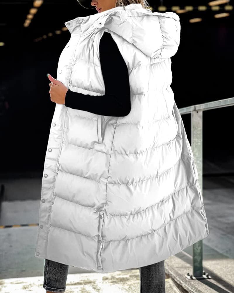 imageTankaneo Womens Sleeveless Long Quilted Vest Hooded Button Down Puff Vest Cotton Padded Jacket Winter OuterwearWhite