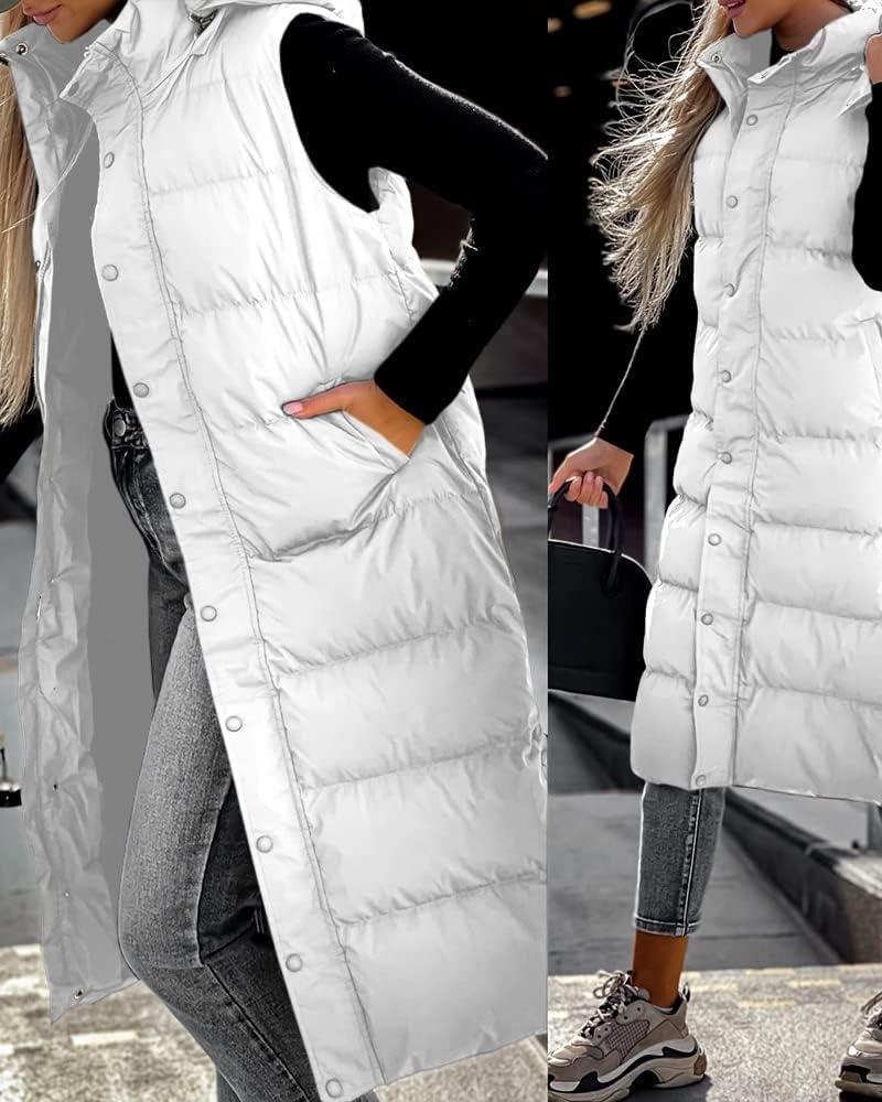 imageTankaneo Womens Sleeveless Long Quilted Vest Hooded Button Down Puff Vest Cotton Padded Jacket Winter OuterwearWhite