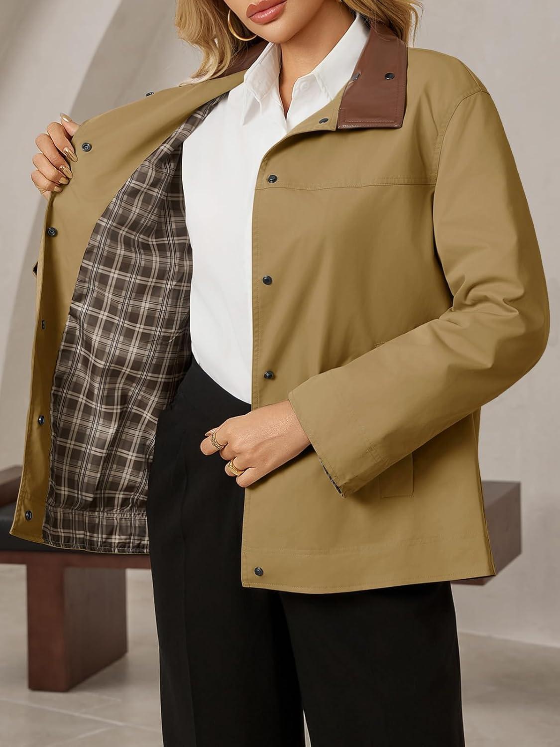 imageTankaneo Womens Trench Coat Oversized Fall Barn Jacket Leather Collar Plaid Color Block Windproof OvercoatCamel