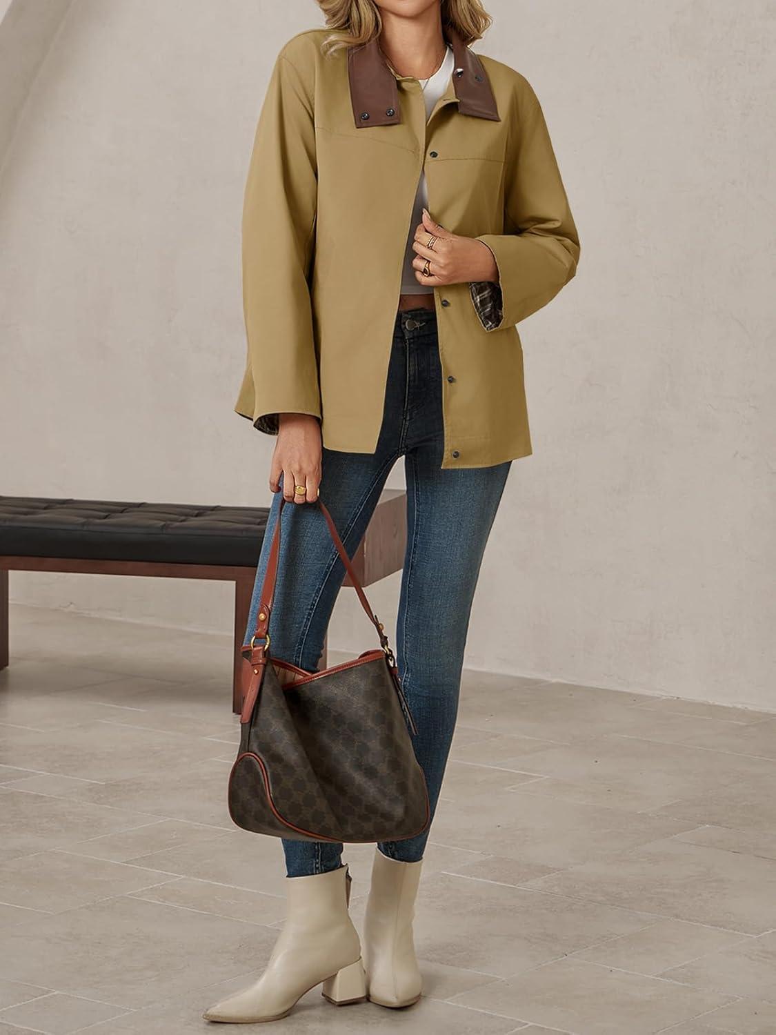 imageTankaneo Womens Trench Coat Oversized Fall Barn Jacket Leather Collar Plaid Color Block Windproof OvercoatCamel