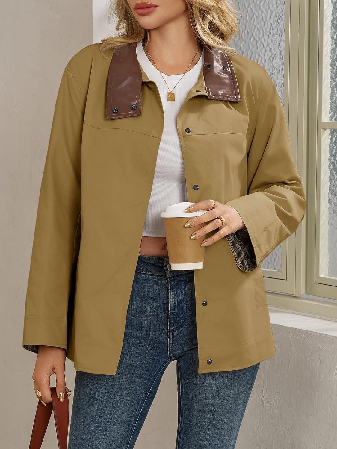 imageTankaneo Womens Trench Coat Oversized Fall Barn Jacket Leather Collar Plaid Color Block Windproof OvercoatCamel