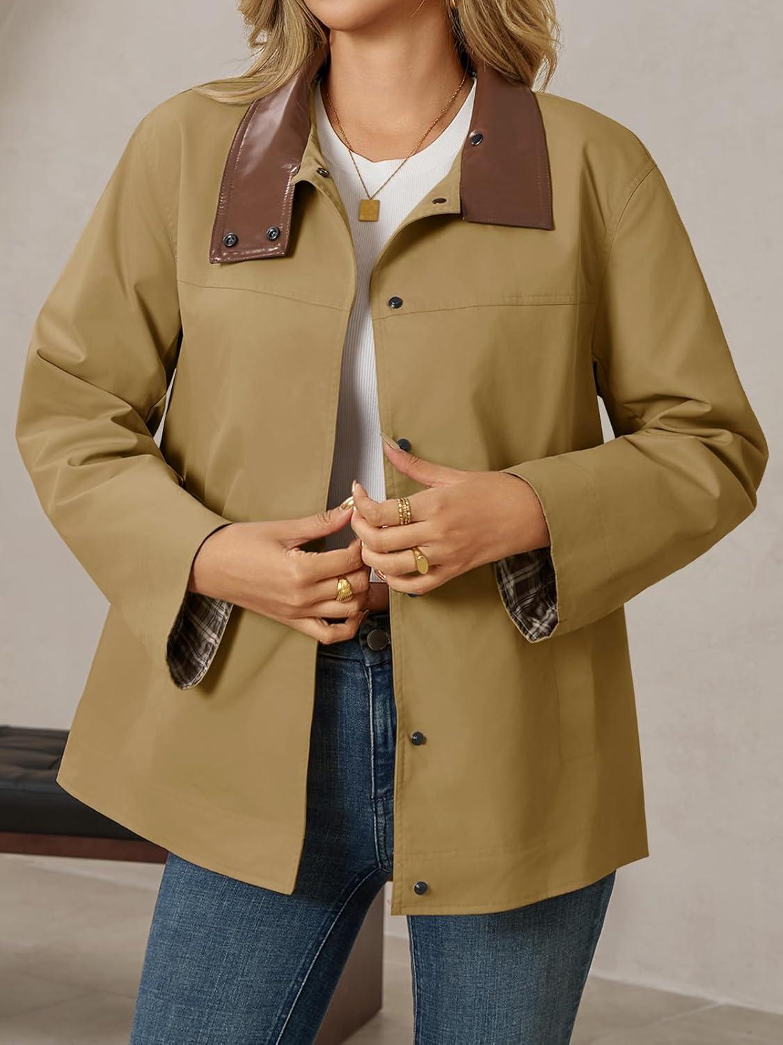 imageTankaneo Womens Trench Coat Oversized Fall Barn Jacket Leather Collar Plaid Color Block Windproof OvercoatCamel