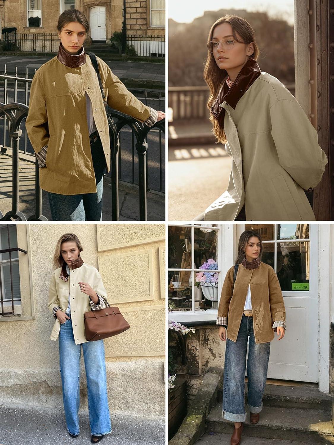 imageTankaneo Womens Trench Coat Oversized Fall Barn Jacket Leather Collar Plaid Color Block Windproof OvercoatCamel