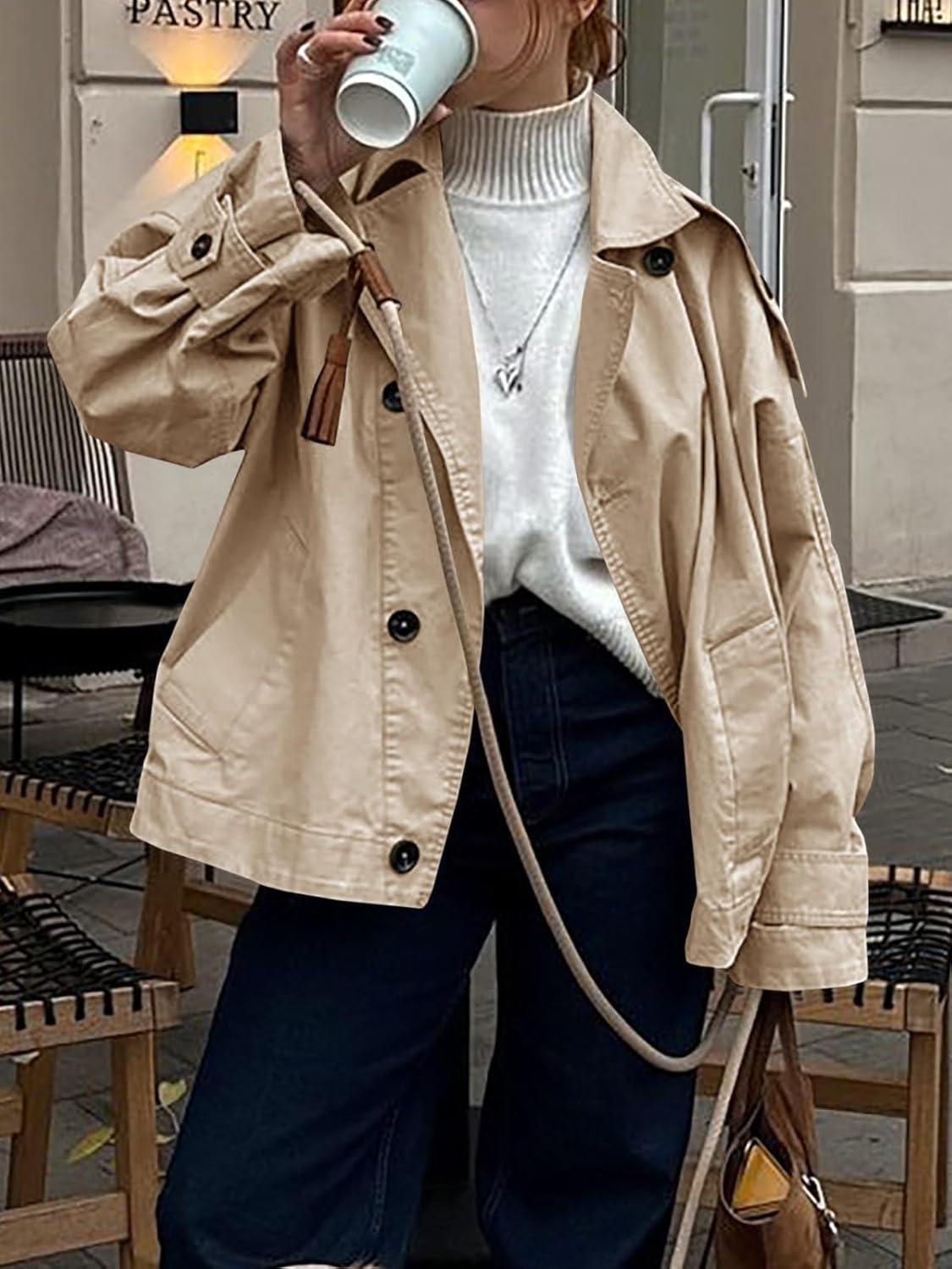 imageTankaneo Womens Trench Coat Single Breasted Lapel Casual Oversized Coats Short Jacket Fall OuterwearLight Khaki