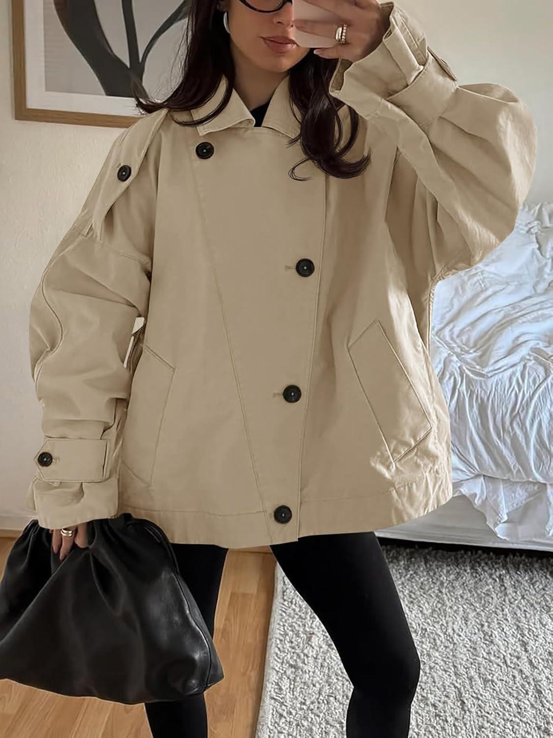 imageTankaneo Womens Trench Coat Single Breasted Lapel Casual Oversized Coats Short Jacket Fall OuterwearLight Khaki