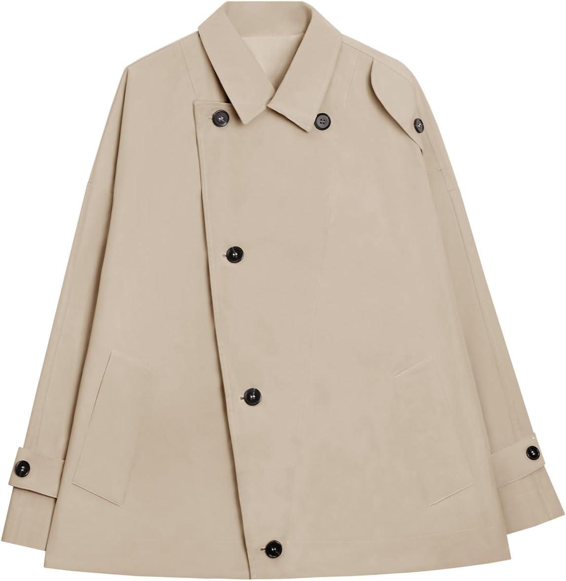 imageTankaneo Womens Trench Coat Single Breasted Lapel Casual Oversized Coats Short Jacket Fall OuterwearLight Khaki