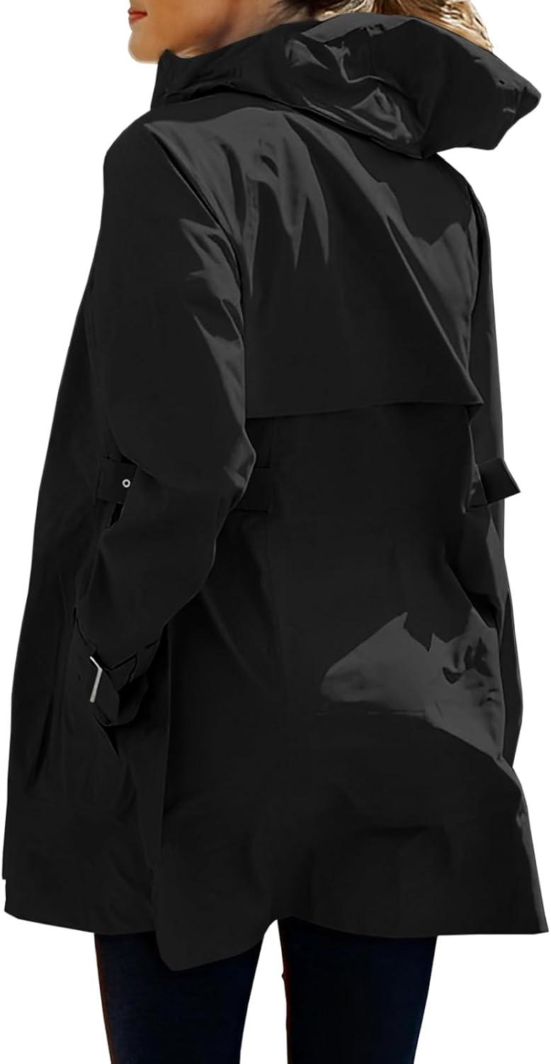 imageTankaneo Womens Trench Coat Zip Up Long Sleeve Hooded Jacket Casual Windproof Outwear with PocketsBlack