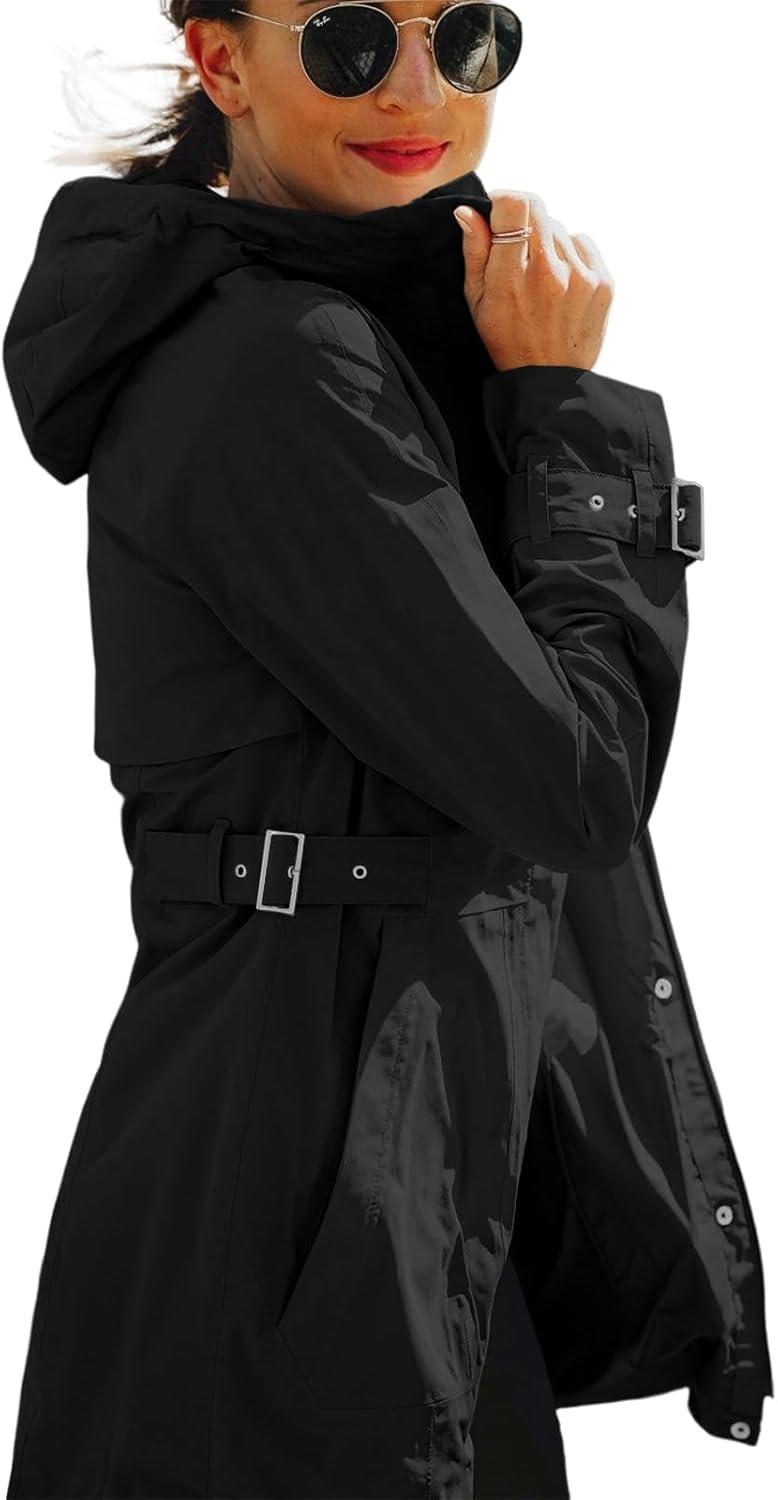 imageTankaneo Womens Trench Coat Zip Up Long Sleeve Hooded Jacket Casual Windproof Outwear with PocketsBlack