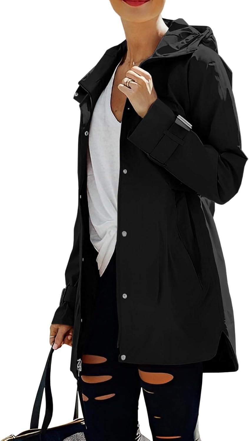 imageTankaneo Womens Trench Coat Zip Up Long Sleeve Hooded Jacket Casual Windproof Outwear with PocketsBlack