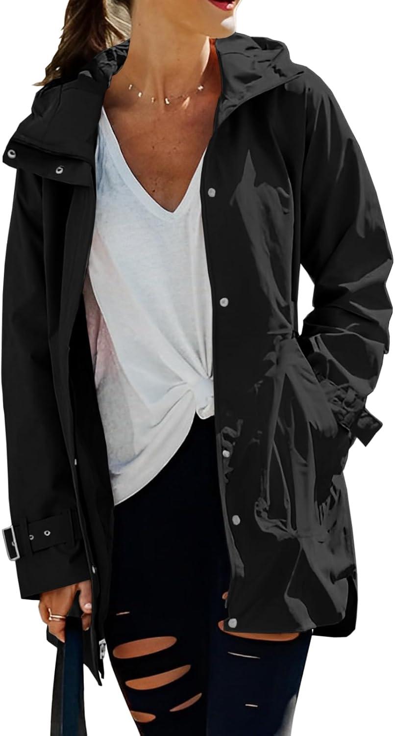 imageTankaneo Womens Trench Coat Zip Up Long Sleeve Hooded Jacket Casual Windproof Outwear with PocketsBlack