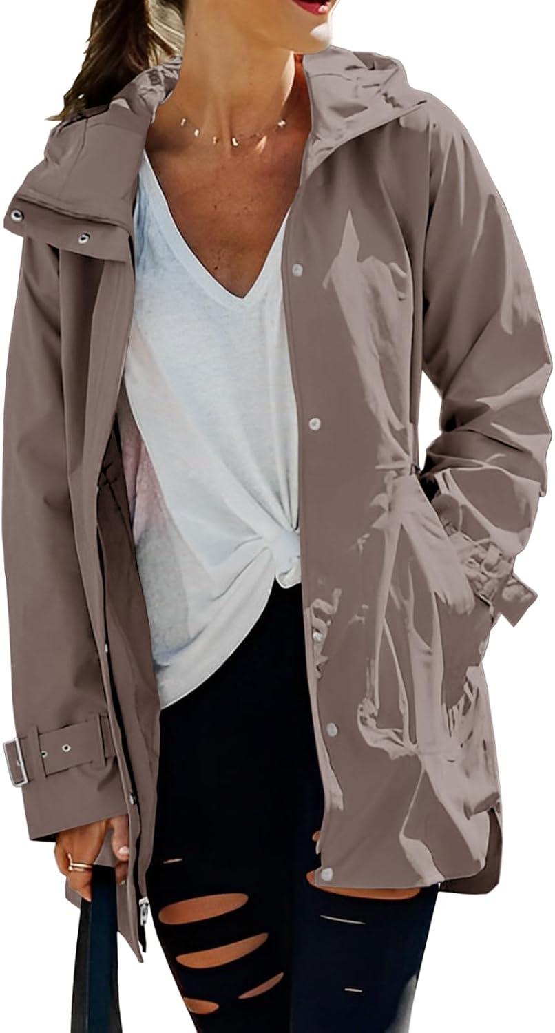 imageTankaneo Womens Trench Coat Zip Up Long Sleeve Hooded Jacket Casual Windproof Outwear with PocketsKhaki
