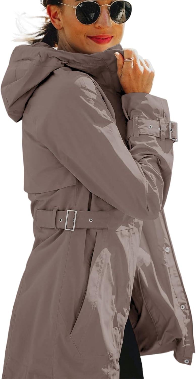 imageTankaneo Womens Trench Coat Zip Up Long Sleeve Hooded Jacket Casual Windproof Outwear with PocketsKhaki