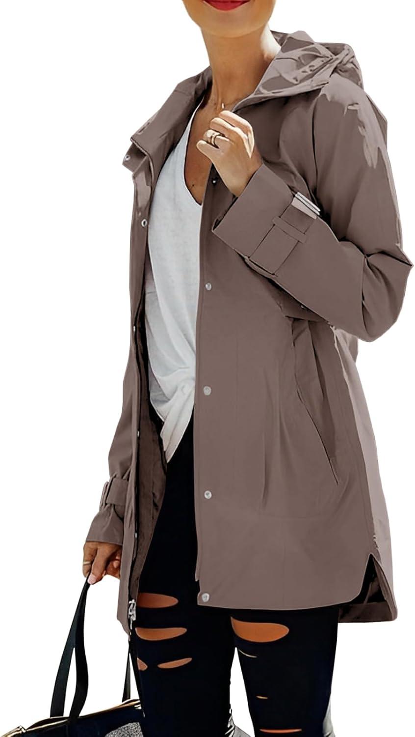 imageTankaneo Womens Trench Coat Zip Up Long Sleeve Hooded Jacket Casual Windproof Outwear with PocketsKhaki