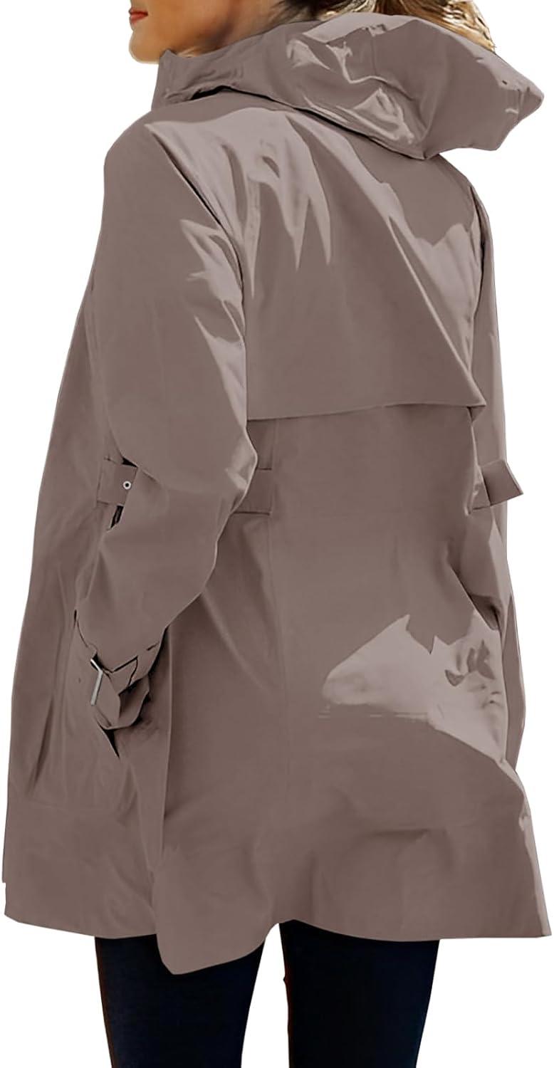 imageTankaneo Womens Trench Coat Zip Up Long Sleeve Hooded Jacket Casual Windproof Outwear with PocketsKhaki
