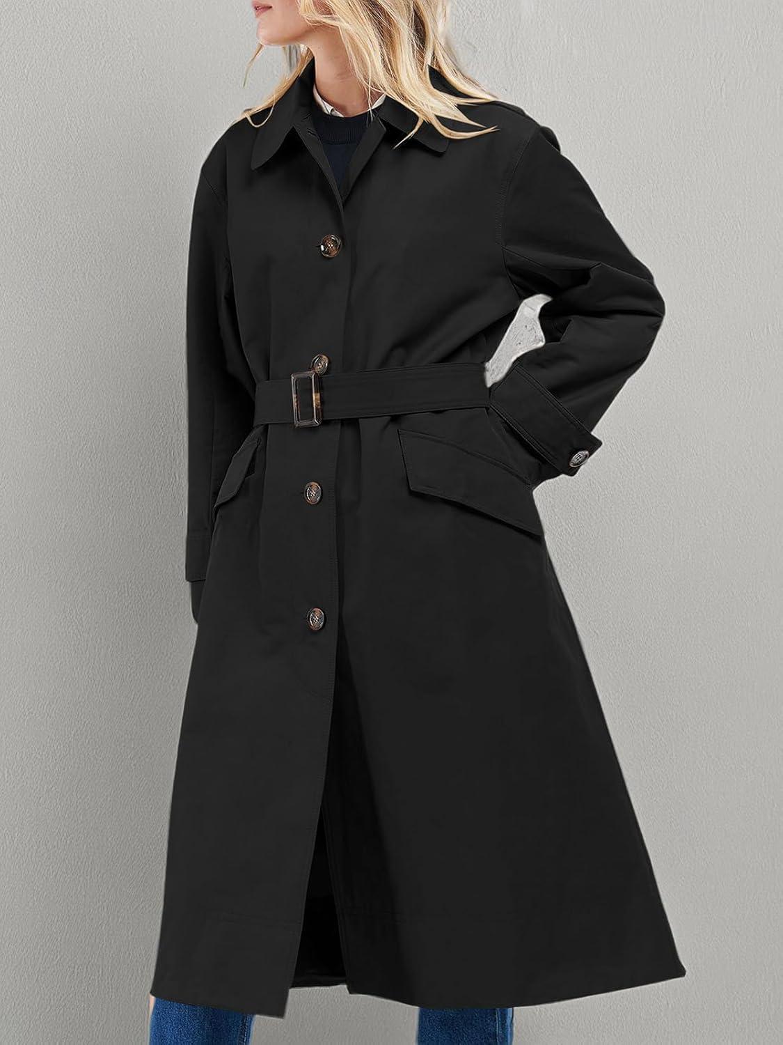 imageTankaneo Womens Trench Coats Single Breasted Long Windproof Overcoat with Pockets and BeltBlack