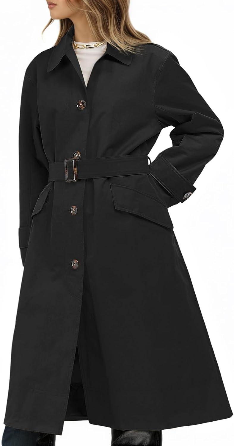 imageTankaneo Womens Trench Coats Single Breasted Long Windproof Overcoat with Pockets and BeltBlack