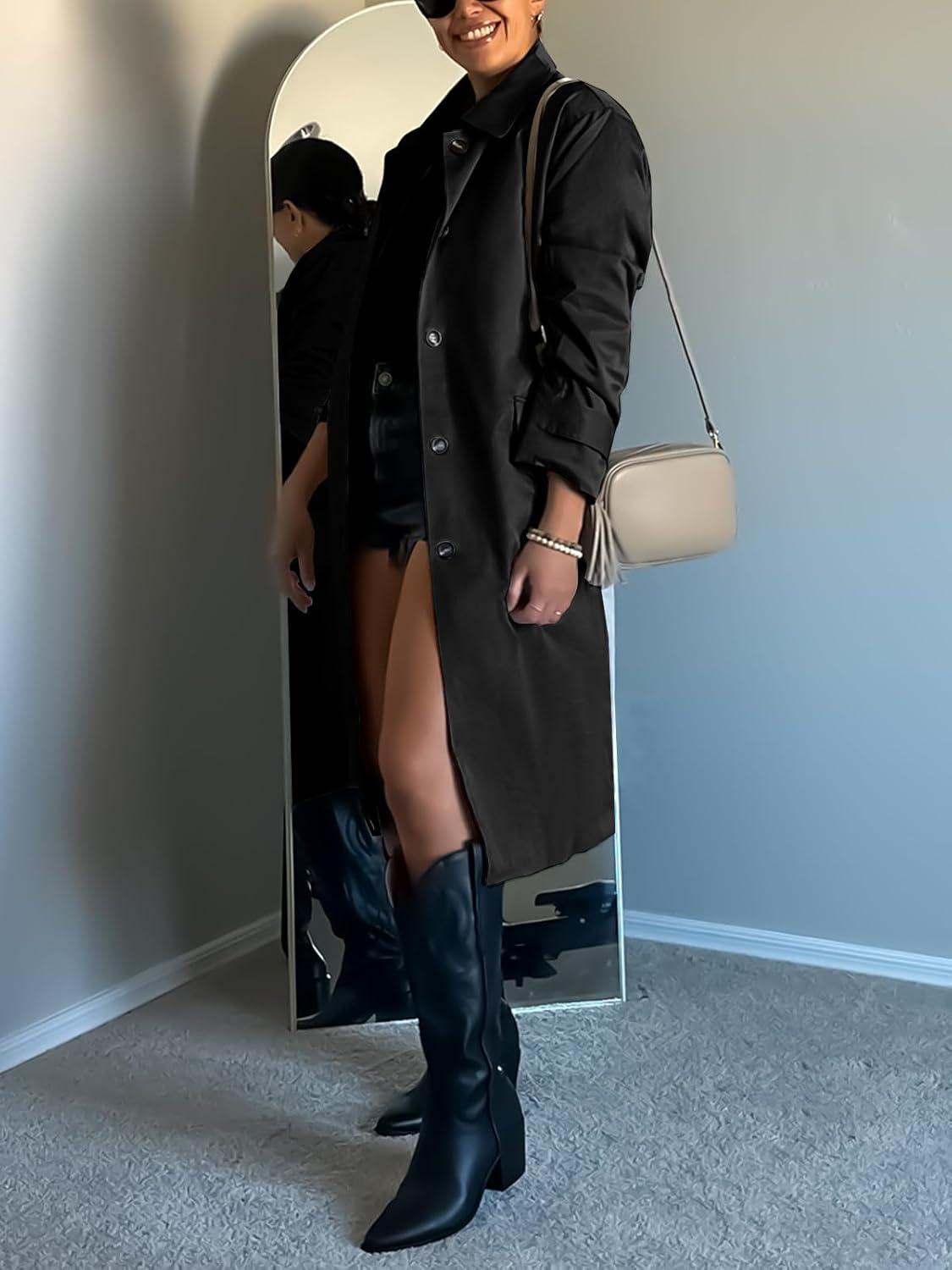 imageTankaneo Womens Trench Coats Single Breasted Long Windproof Overcoat with Pockets and BeltBlack