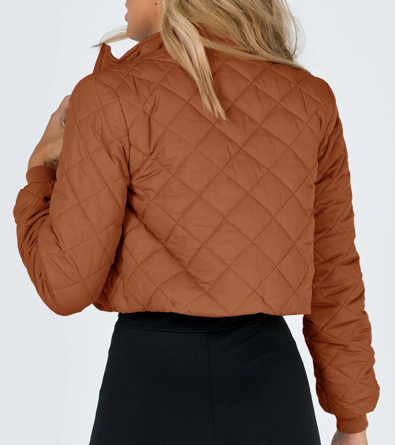imageTankaneo Womens Winter Cropped Puffer Jacket Quilted Zip Up Bomber Coat Fashion Outerwear with PocketsCaramel
