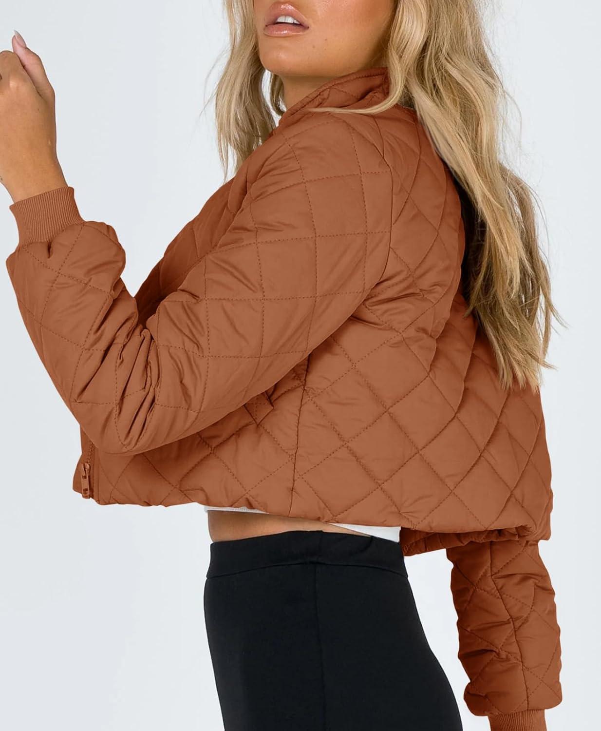 imageTankaneo Womens Winter Cropped Puffer Jacket Quilted Zip Up Bomber Coat Fashion Outerwear with PocketsCaramel