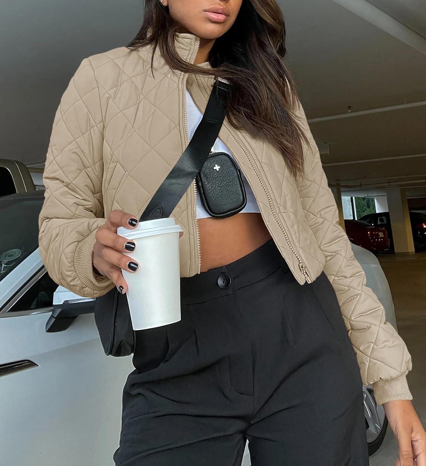 imageTankaneo Womens Winter Cropped Puffer Jacket Quilted Zip Up Bomber Coat Fashion Outerwear with PocketsKhaki