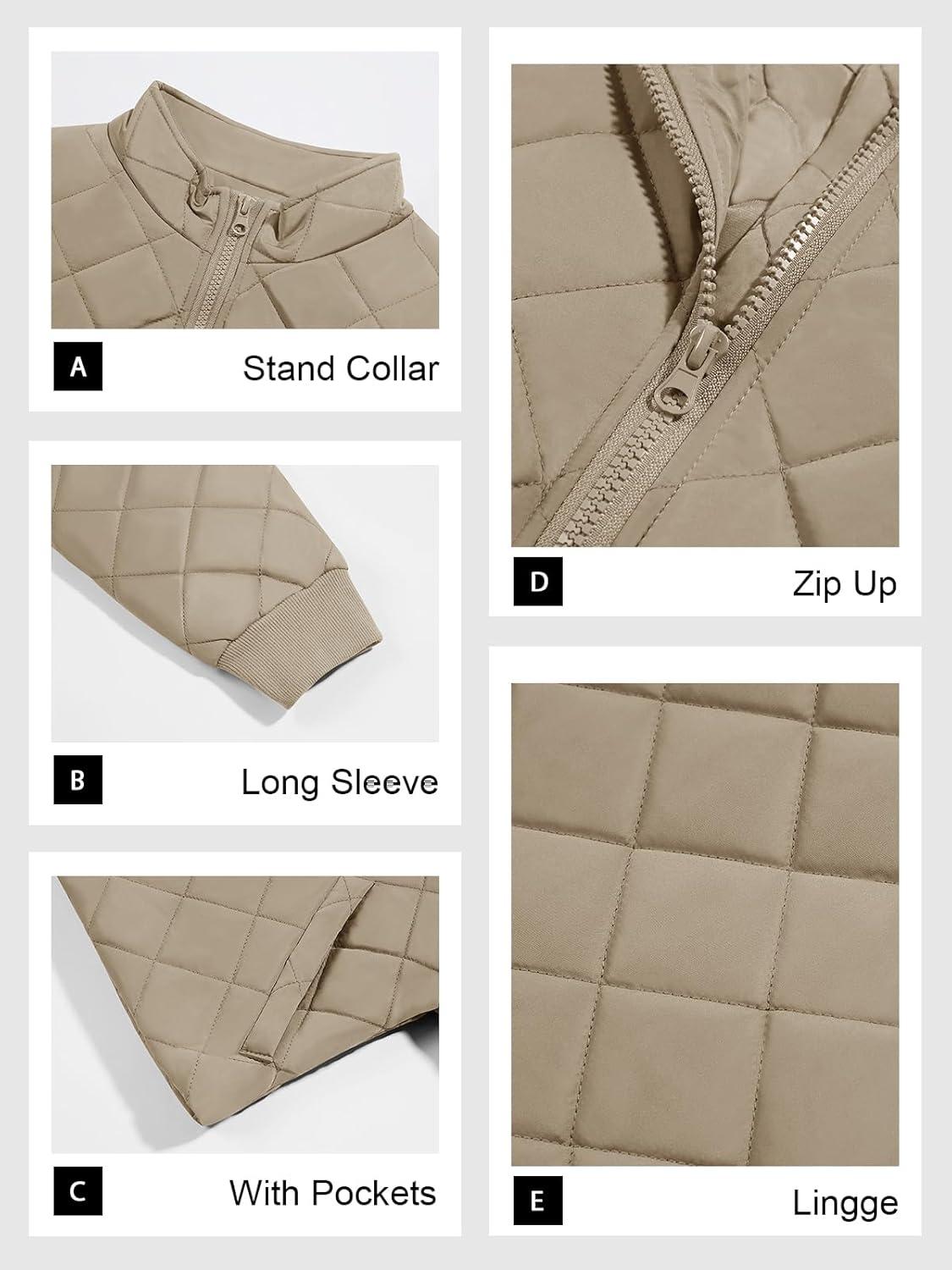 imageTankaneo Womens Winter Cropped Puffer Jacket Quilted Zip Up Bomber Coat Fashion Outerwear with PocketsKhaki