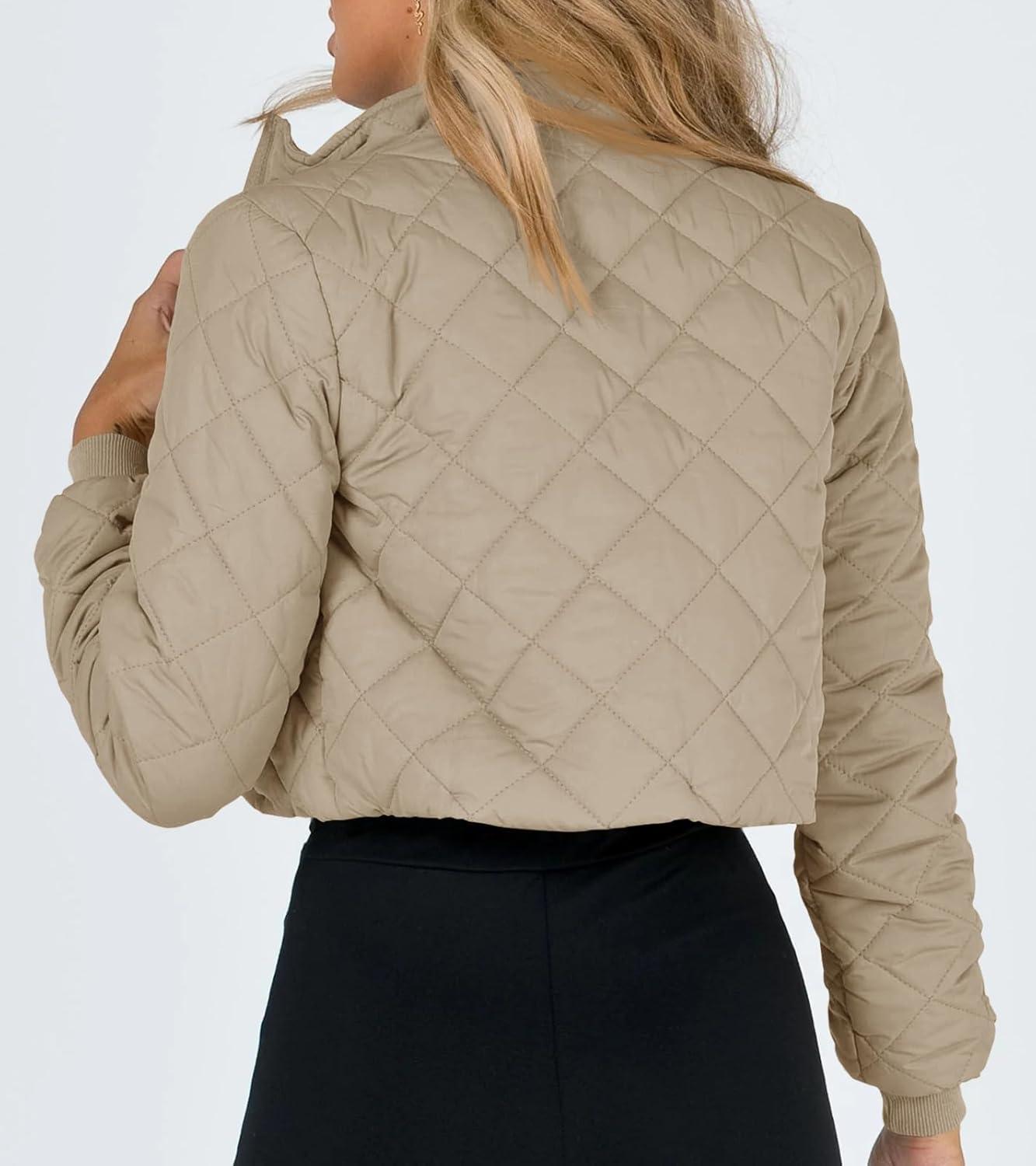 imageTankaneo Womens Winter Cropped Puffer Jacket Quilted Zip Up Bomber Coat Fashion Outerwear with PocketsKhaki