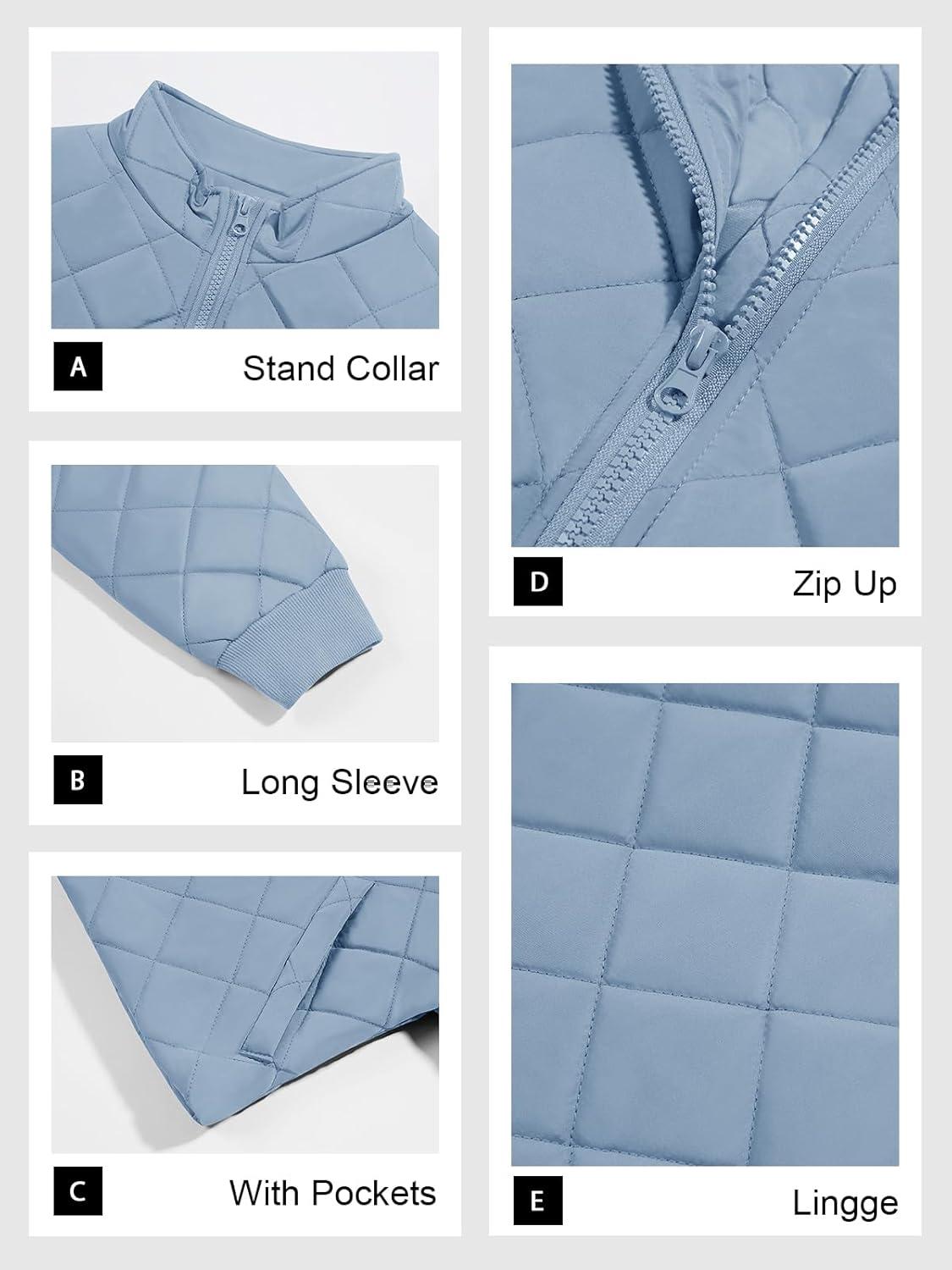 imageTankaneo Womens Winter Cropped Puffer Jacket Quilted Zip Up Bomber Coat Fashion Outerwear with PocketsLight Blue