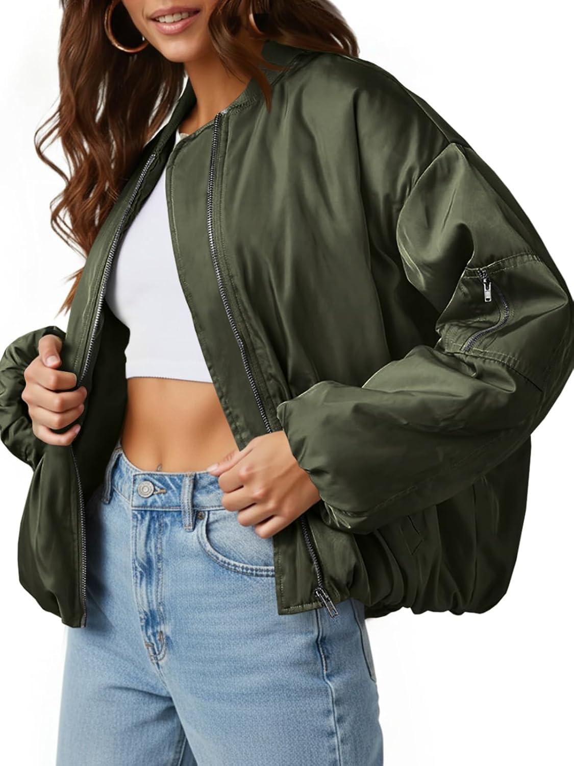 imageTankaneo Womens Zip Up Bomber Jacket Oversized Fashion Casual Fully Lined Winter Coats With PocketsArmy Green