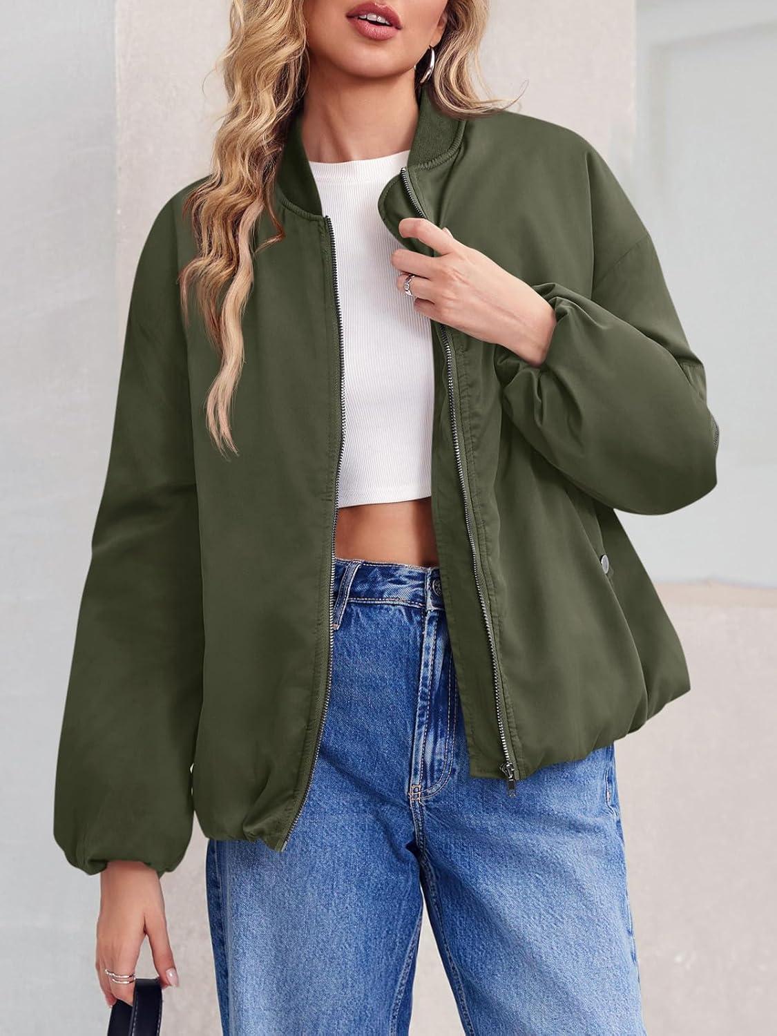 imageTankaneo Womens Zip Up Bomber Jacket Oversized Fashion Casual Fully Lined Winter Coats With PocketsArmy Green