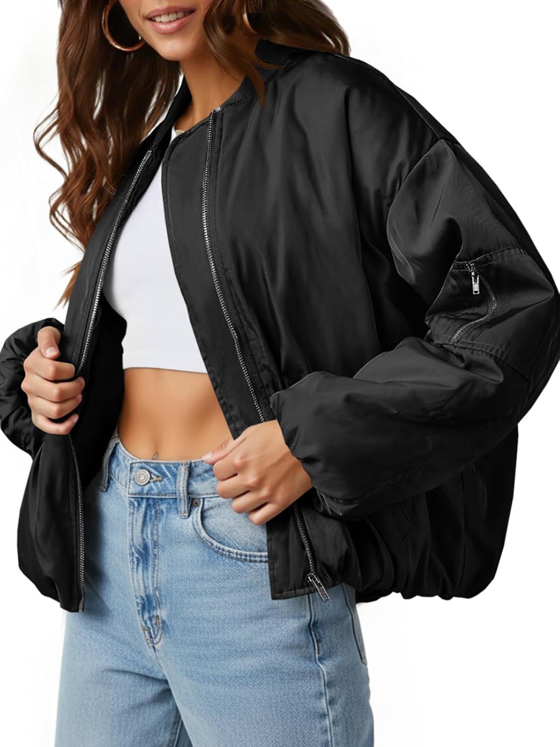 imageTankaneo Womens Zip Up Bomber Jacket Oversized Fashion Casual Fully Lined Winter Coats With PocketsBlack
